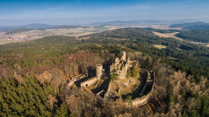 Fototapeta premium The ruins of the old castle Helfenburk aerial view.