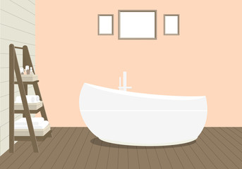 Fototapeta na wymiar Provencal style bathroom with a fashionable bath, a rack for towels and cosmetics, paintings on the wall. Wooden planks on the floor and a light peach wall. Vector illustration