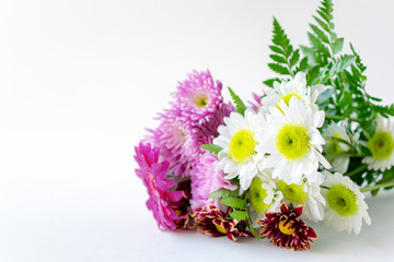 Bouquet chrysanthemums with pink gerbera close up copy space