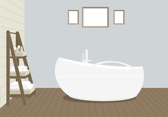 Fototapeta na wymiar Provencal style bathroom with a fashionable bath with handle, a rack for towels and cosmetics, paintings on the wall. Wooden planks on the floor and a light blue wall. Vector illustration