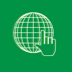 Earth Globe with cursor. Vector. White flat icon with yellow striped shadow at green background. Illustration.