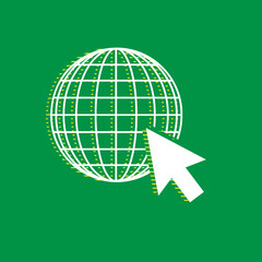 Earth Globe with cursor. Vector. White flat icon with yellow striped shadow at green background. Illustration.