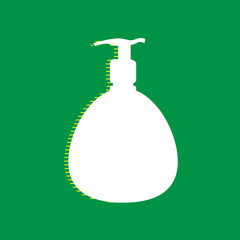 Gel, Foam Or Liquid Soap. Dispenser Pump Plastic Bottle silhouette. Vector. White flat icon with yellow striped shadow at green background. Illustration.