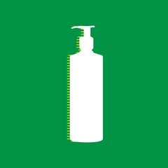 Gel, Foam Or Liquid Soap. Dispenser Pump Plastic Bottle silhouette. Vector. White flat icon with yellow striped shadow at green background. Illustration.