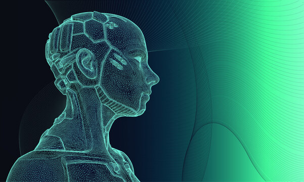 illustration of a cyborg over a background of digital waves