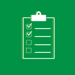 Checklist sign illustration. Vector. White flat icon with yellow striped shadow at green background. Illustration.