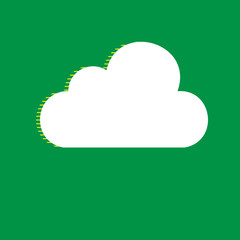Cloud sign illustration. Vector. White flat icon with yellow striped shadow at green background. Illustration.