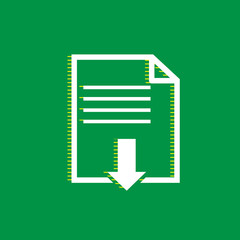 File download sign. Vector. White flat icon with yellow striped shadow at green background. Illustration.