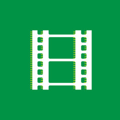 Reel of film sign. Vector. White flat icon with yellow striped shadow at green background. Illustration.