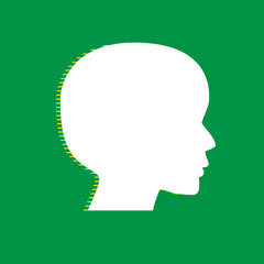 People head sign. Vector. White flat icon with yellow striped shadow at green background. Illustration.