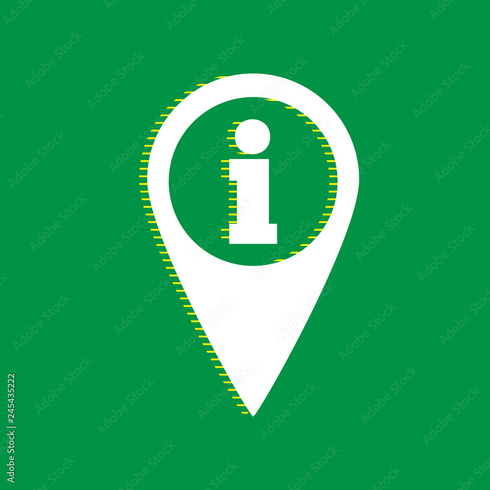Aufkleber map pointer with information sign. vector. white flat icon with yellow striped shadow at green backg