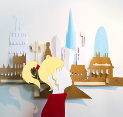 Young lady in the City. Paper cut design background