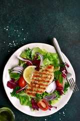 Grilled chicken or turkey breast with fresh vegetable salad.Top view with copy space.