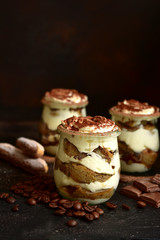 Traditional italian dessert tiramisu with chocolate sauce in a vintage glass jars on a dark rustic slate, stone or concrete background.