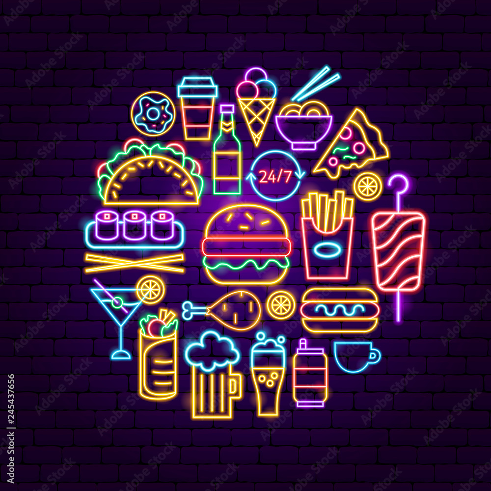 Poster fast food neon concept