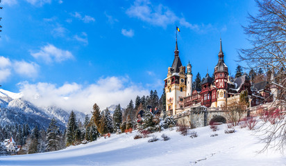 Sinaia, Romania: Peles Castle in a beautiful day of winter, the most famous royal castle of Romania, Romania landmark Prahova region. - 245437898
