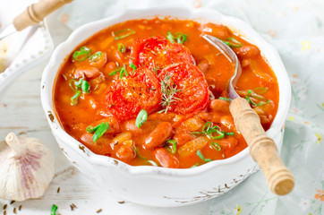 Tomato Vegetarian Soup with Beans and Baked Tomatoes