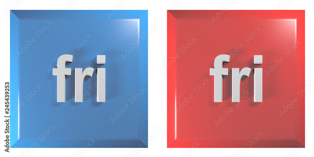 Poster blue and red couple of square push buttons friday - 3d rendering illustration