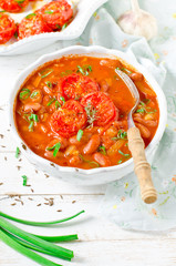 Tomato Vegetarian Soup with Beans and Baked Tomatoes