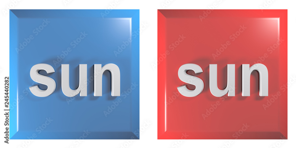 Poster blue and red couple of square push buttons sunday - 3d rendering illustration