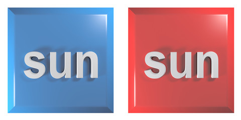 Blue and red couple of square push buttons SUNDAY - 3D rendering illustration
