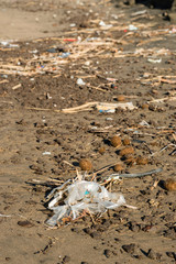 Plastic and litter material on sand beach