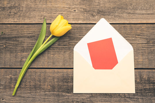 Yellow, single tulip lying on an old, natural boards  in the composition with an open envelope. Free, copy space for text or description. Wedding or valentine day.
