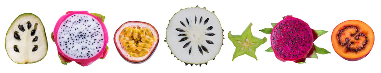 Isolated collection of exotic fruits. Fresh dragon fruit ,carambole,cherimoya,passion fruit; passionfruit,annona muricata ,soursop fruit, tamarillo on white background - obrazy, fototapety, plakaty