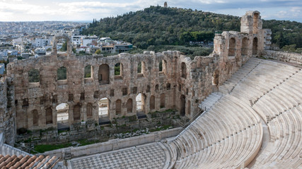 Panoramic view of Odeon of Herodes Atticus in the Acropolis of Athens, Attica, Greece