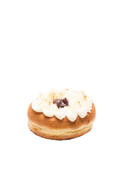 Doughnut with sweet cheese and jam topping on white background. High resolution image for food industry.