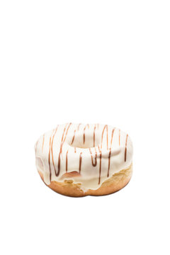 White chocolate glazed doughnut on white background. High resolution image for food industry.