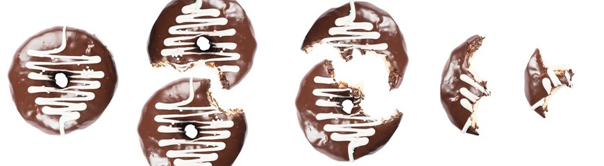 Chocolate glazed donut on white background. High resolution image for food industry.
