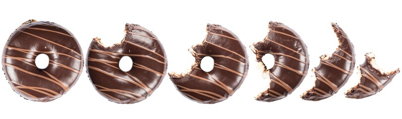 Chocolate glazed doghnut with chocolate milk lines on white background. High resolution image for food industry.