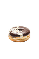 Chocolate glazed doghnut with almond flakes on white background. High resolution image for food industry.