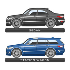 Flat car type and model. Sedan and station wagon. Different automobile set. Luxury transportation.
