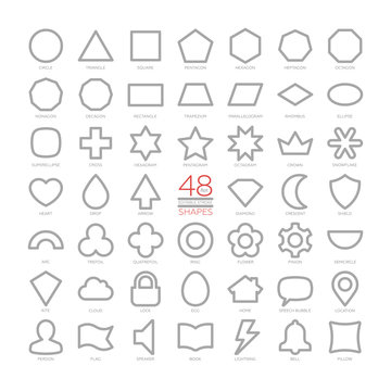 Editable stroke ouline vector set basic geometric shapes. Thin figures collection. Simple design symbols. Circle, triangle, square, cross, pentagram, hexagram, crown, heart, drop, arrow, diamond.
