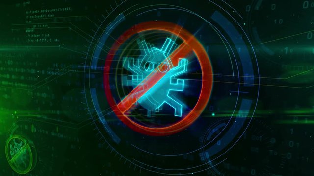 Antivirus icon on digital background. Internet worm ban symbol on abstract binary animation.