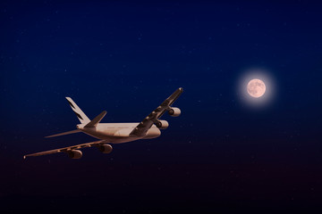 A plane flying towards a beautiful moonlight