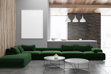 Gray living room and kitchen with poster