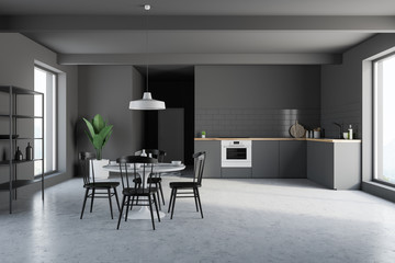 Gray kitchen interior with cupboard