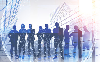 Manager team silhouettes in city, planet