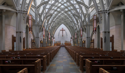 Panoramic of the interior and nave of the Ave Maria Catholic Church in Ave Maria, Florida