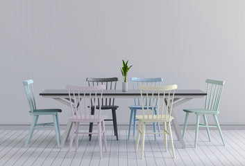 3D render of neutral interior with table chairs empty wall background.