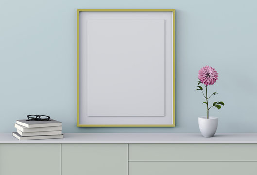 3D render of living Room mockup blank poster.