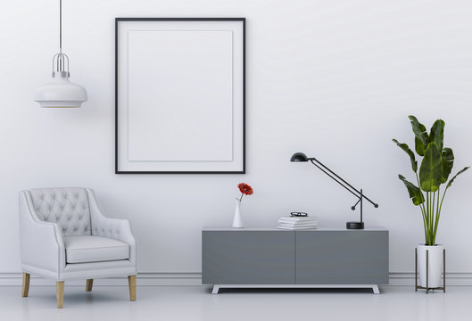 3D render of living Interior room mockup blank poster.