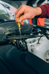 Auto mechanic working in garage during the maintenance of engine. Mechanician pushing dipstick during Repair of a car in auto service garage