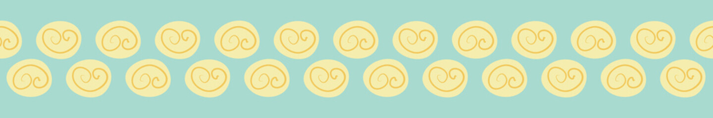 Cute polka dot seamless border with a hand drawn filigree in the middle of each dot. Turquoise and yellow vector design, great for home decor, textiles, stationery, fashion and graphic design.