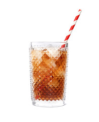 Glass of refreshing cola with ice cubes and straw on white background