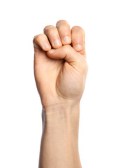 Man showing E letter on white background, closeup. Sign language