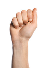 Man showing A letter on white background, closeup. Sign language